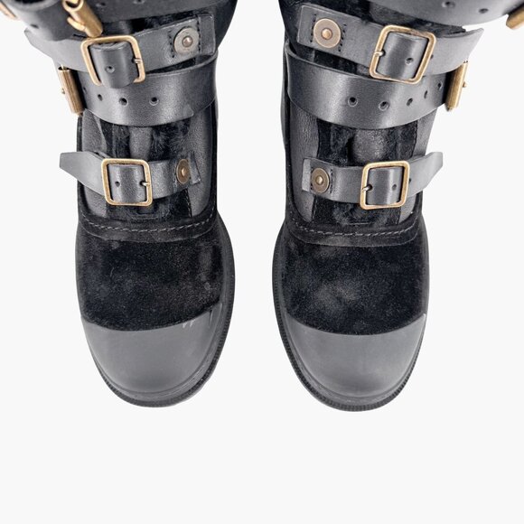 Burberry Aviator Dukes Boots EU 38 US 8 Black Suede Fur Lined Moto Biker Harness - Picture 4 of 14